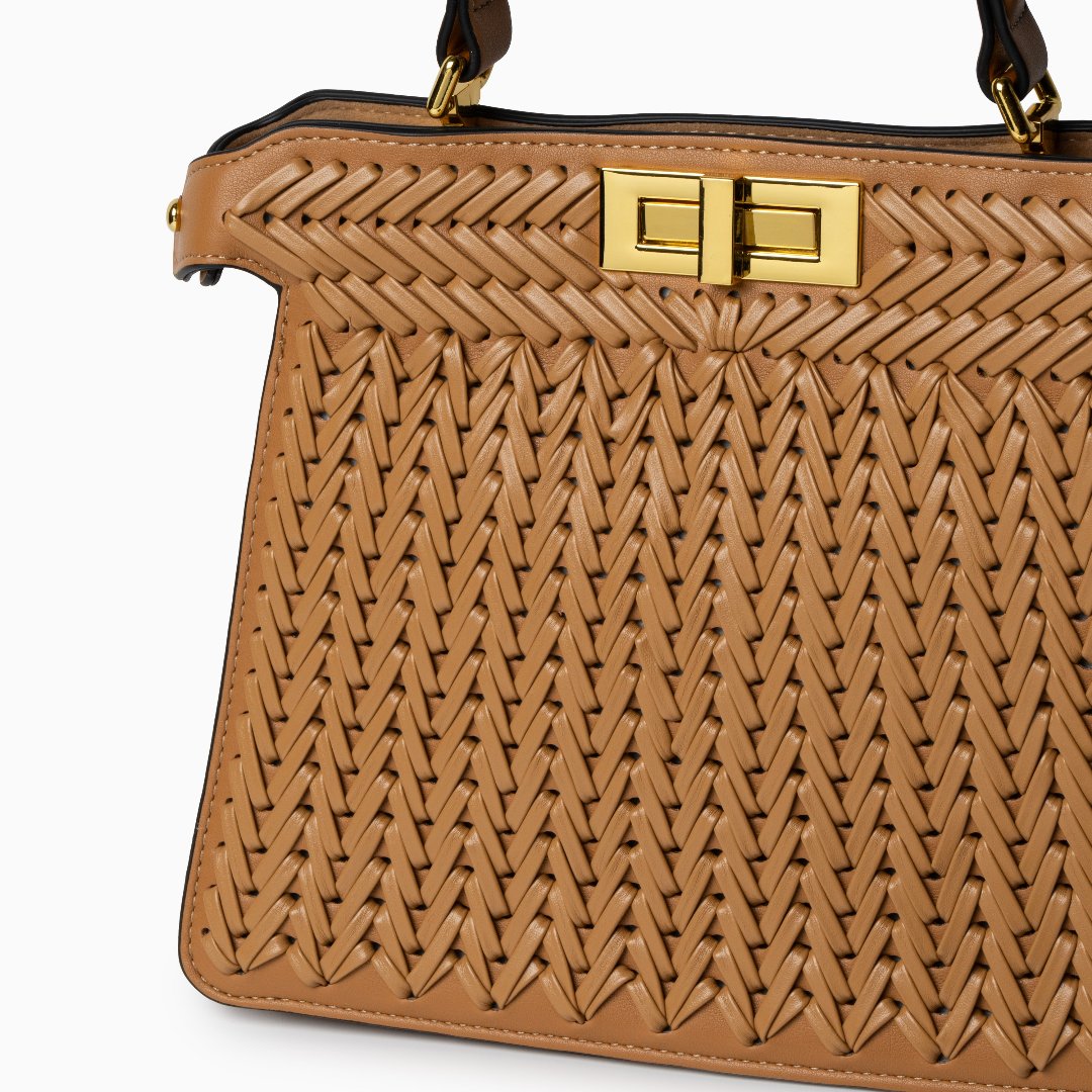 Woven Turn Lock Top Handle Structured Satchel Bag