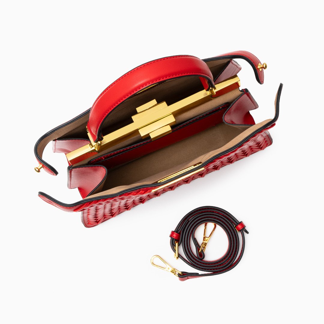 Woven Turn Lock Top Handle Structured Satchel Bag