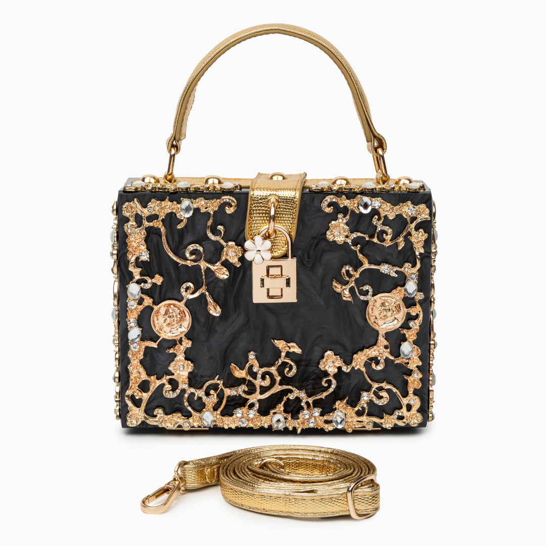 Crystal Embellished Top Handle Box Clutch