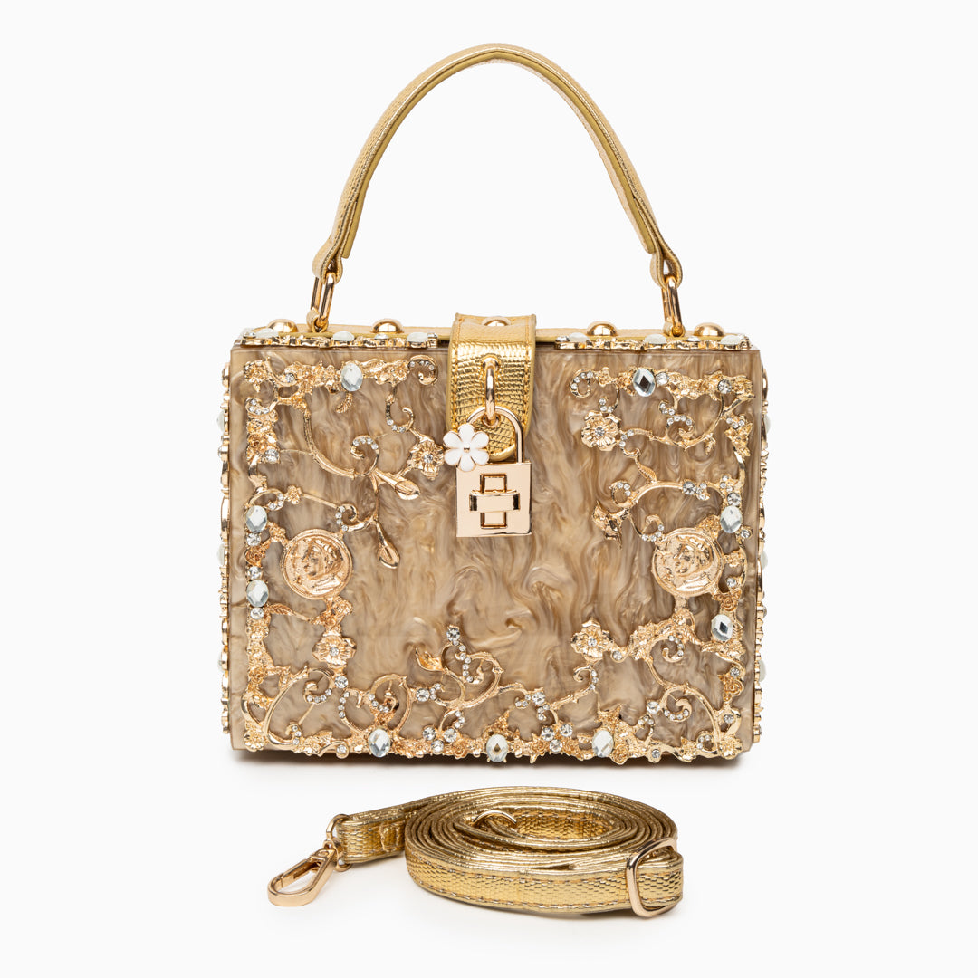 Crystal Embellished Top Handle Box Clutch