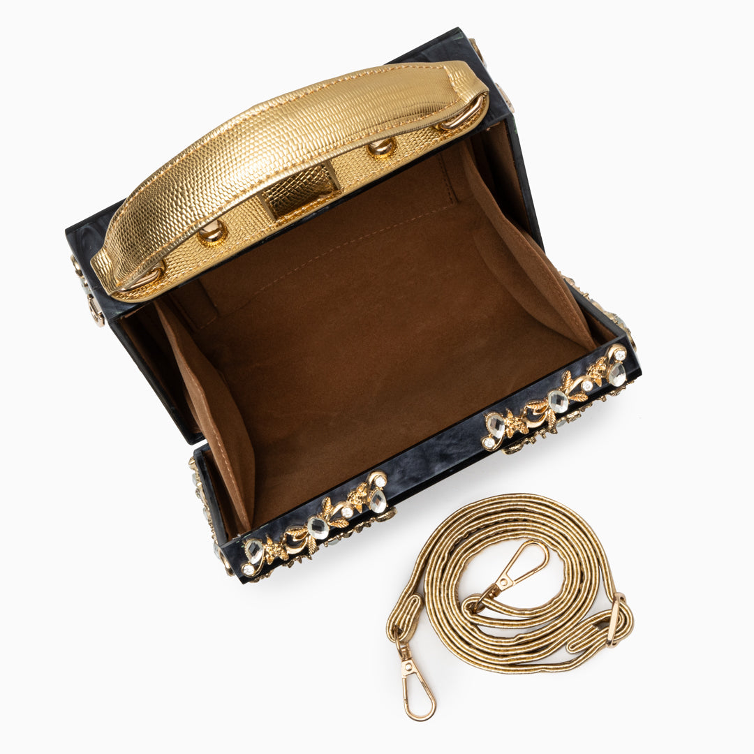 Crystal Embellished Top Handle Box Clutch