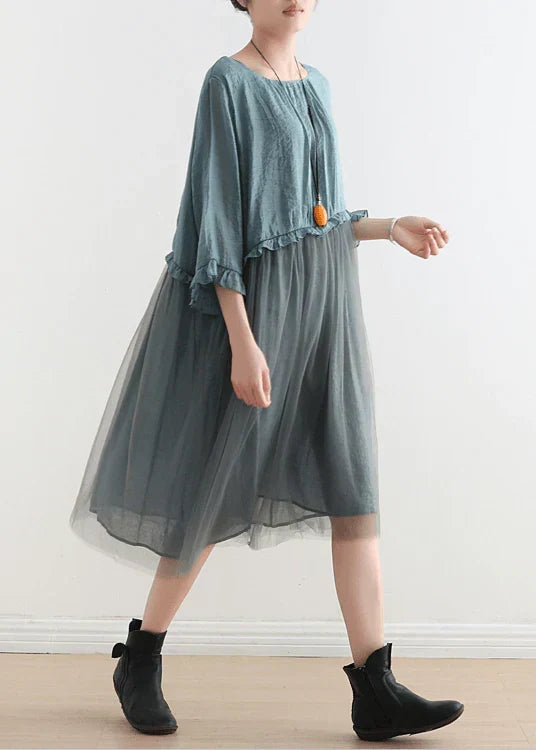 Round Neck Ruffle Trim Tulle Skirt Patchwork Loose Midi Dress