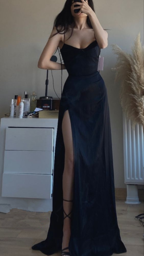 Sexy Spaghetti Straps Sleeveless Side Slit A-Line Long Prom Dress cc946