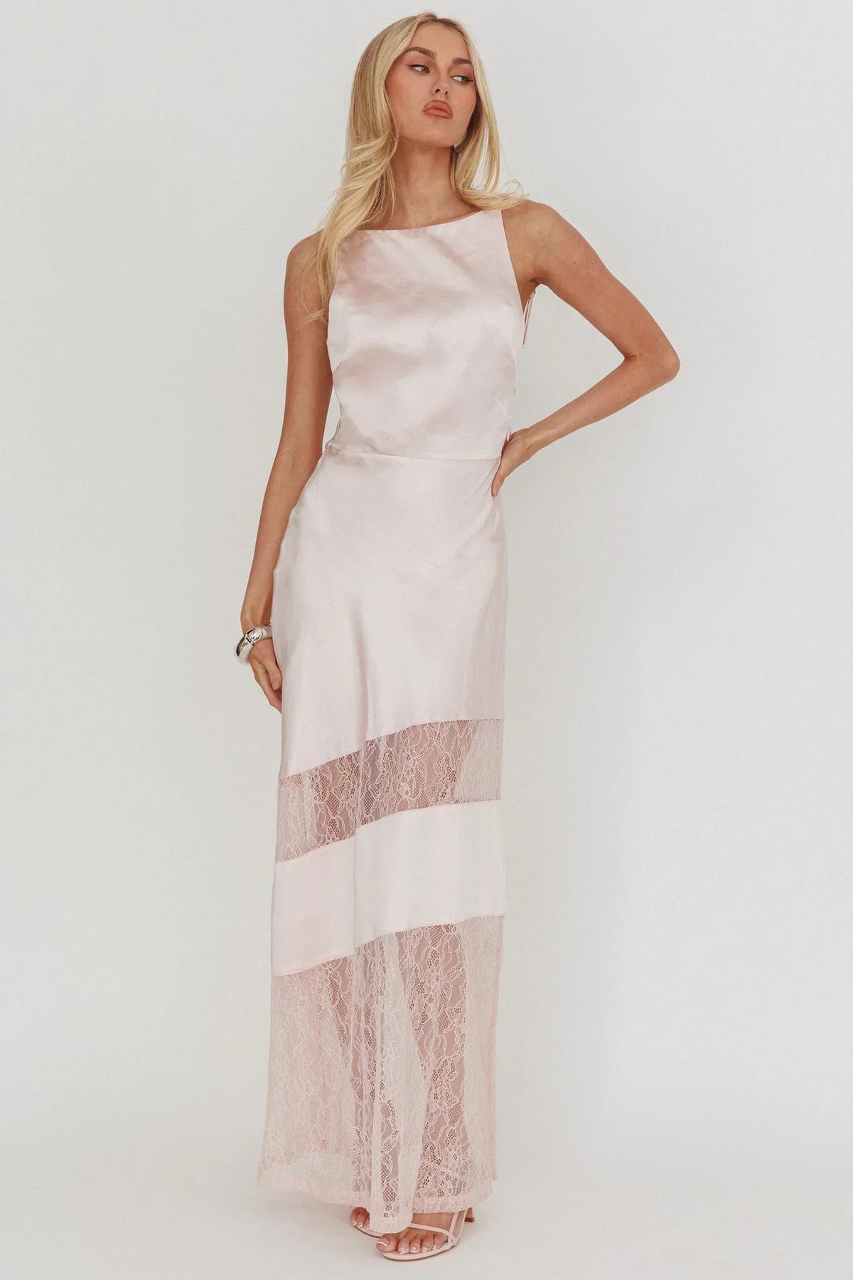 Satin Spaghetti Strap Open Back Lace Panel Maxi Dress 4