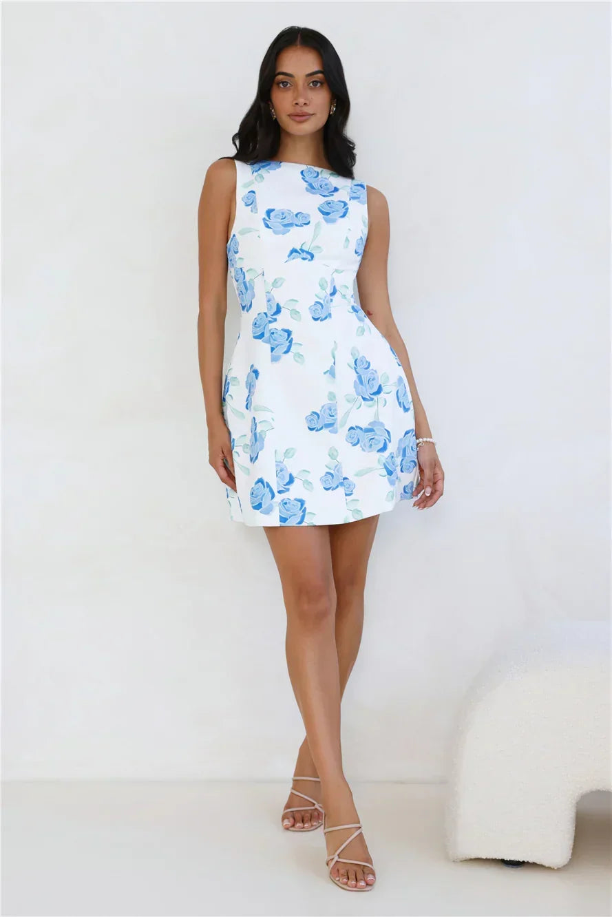 Rose Print Boat Neck Sleeveless Fit and Flare Mini Dress 13