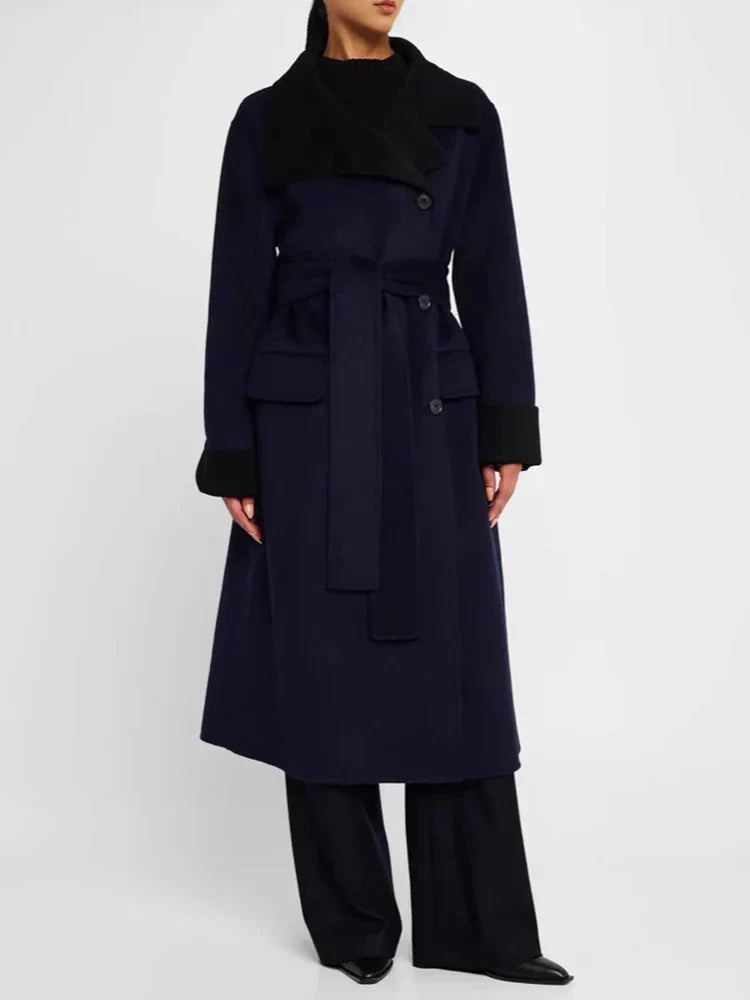 Contrast Collar and Cuff Belted Single Breasted Longline Coat
