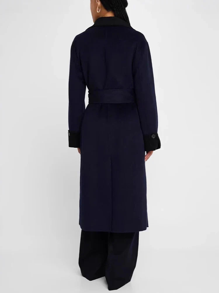 Contrast Collar and Cuff Belted Single Breasted Longline Coat 2