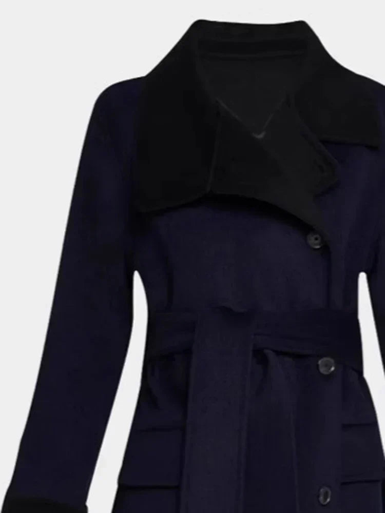 Contrast Collar and Cuff Belted Single Breasted Longline Coat 3