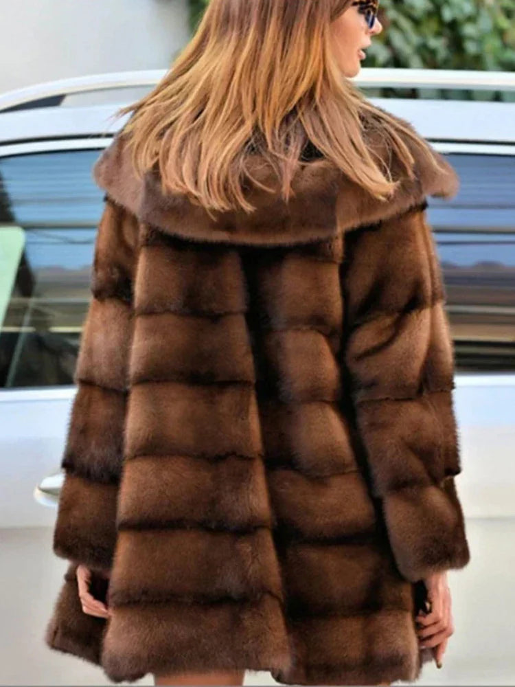 Faux Fur Wide Collar Open Front Mid Length Coat 2