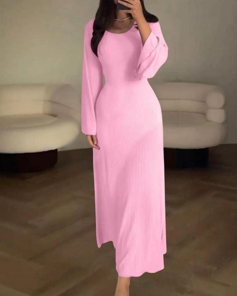 Rib Knit Square Neck Long Sleeve Bell Cuff Bodycon Maxi Dress