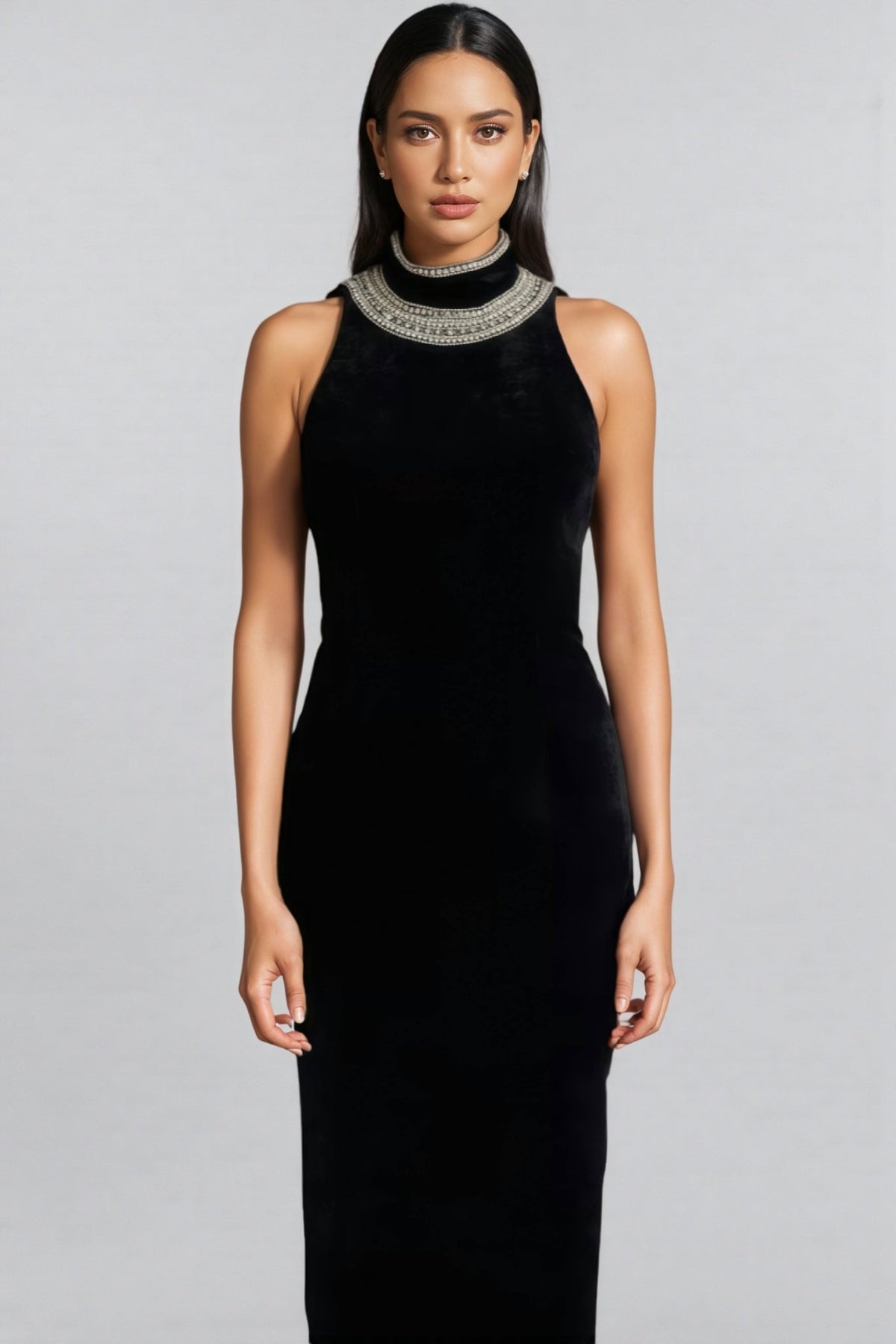 Velvet Halter Neck Beaded Collar Sleeveless Column Maxi Dress 3