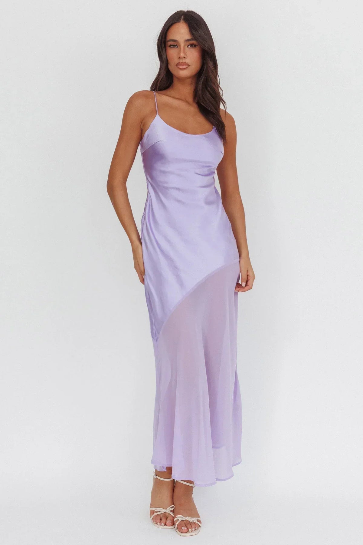Satin Spaghetti Strap Asymmetric Sheer Chiffon Hem Maxi Dress 5