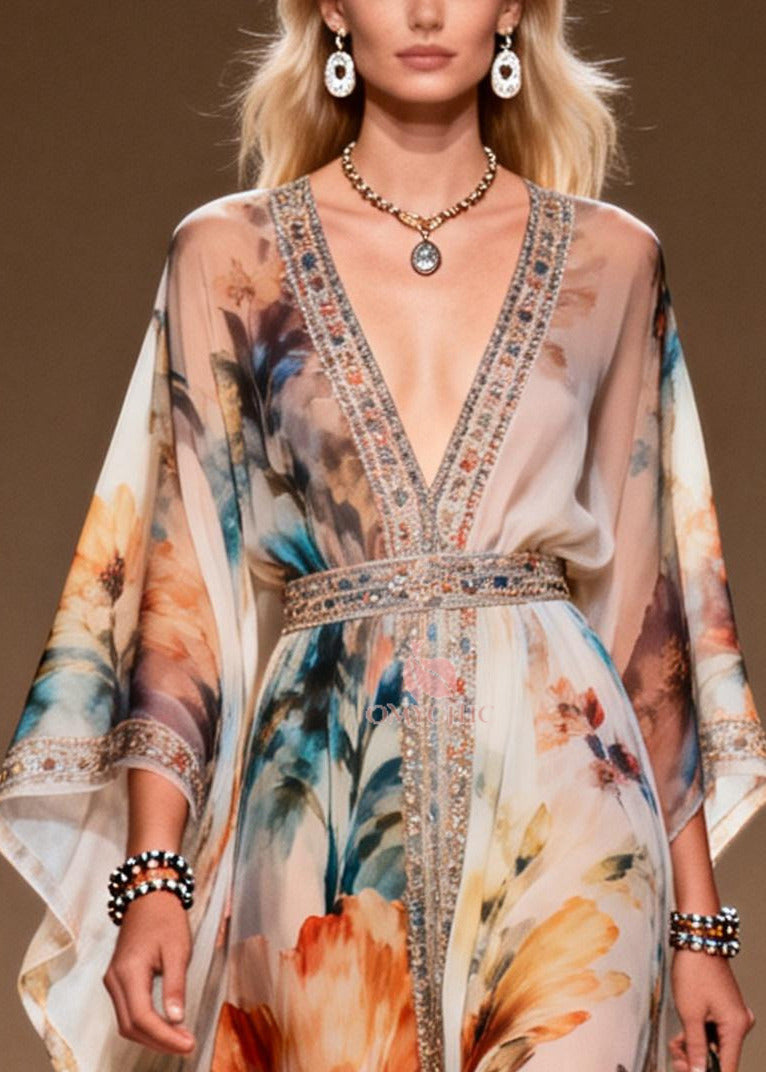 Floral Print Rhinestone Trim Deep V-Neck Belted Kimono Sleeve Chiffon Maxi Gown