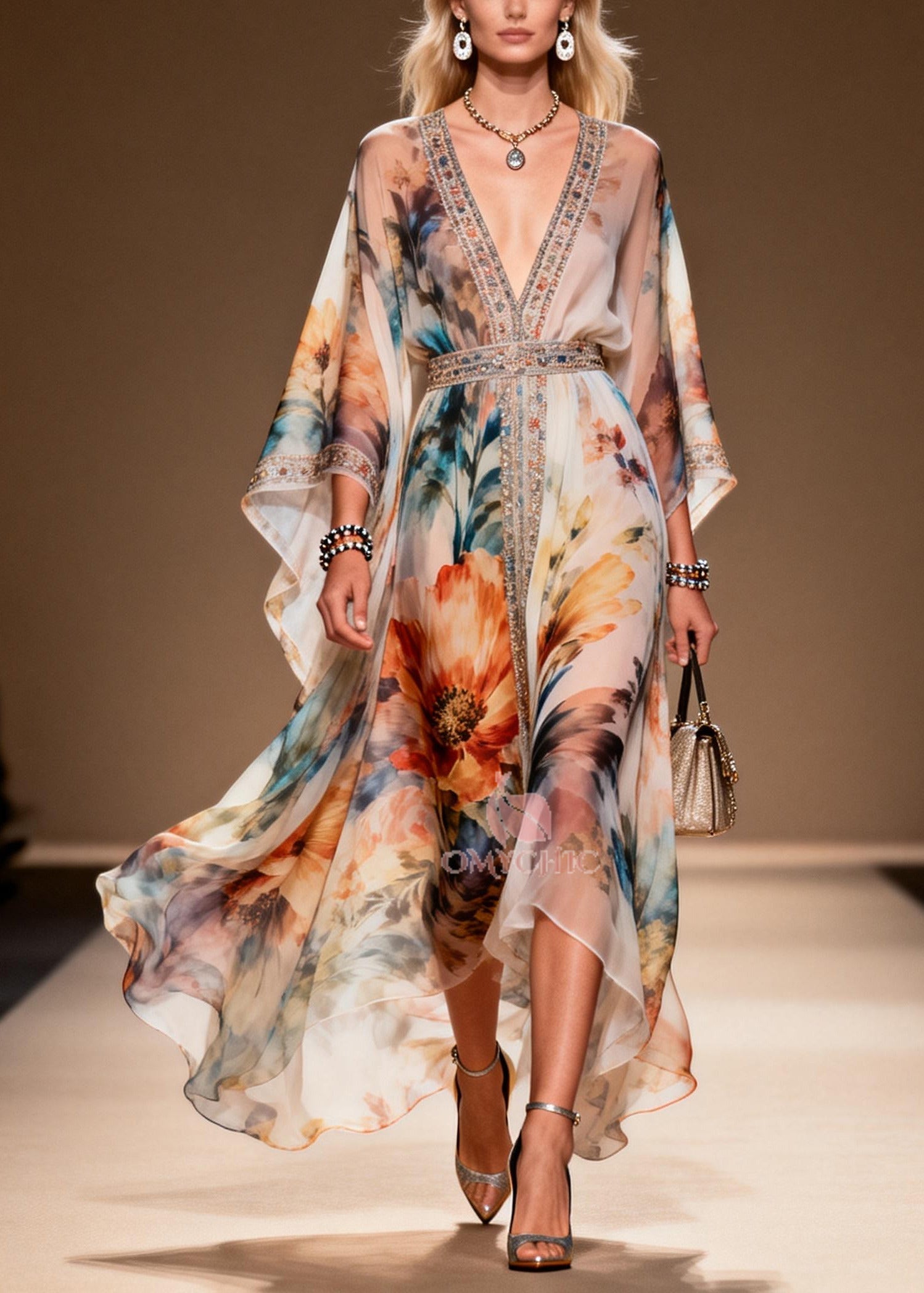 Floral Print Rhinestone Trim Deep V-Neck Belted Kimono Sleeve Chiffon Maxi Gown