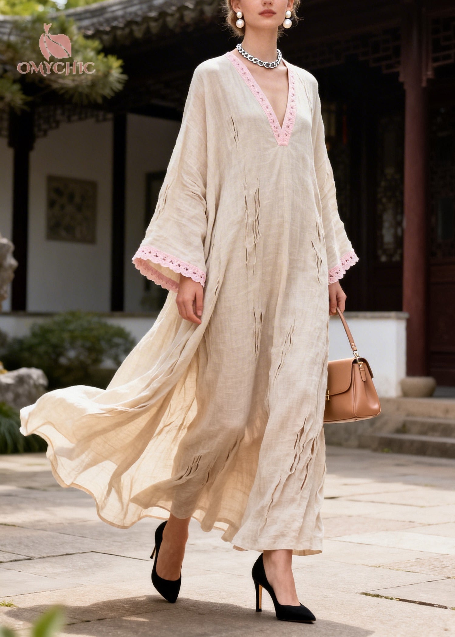 DIY Beige Oversized Patchwork Lace Ripped Maxi Dress