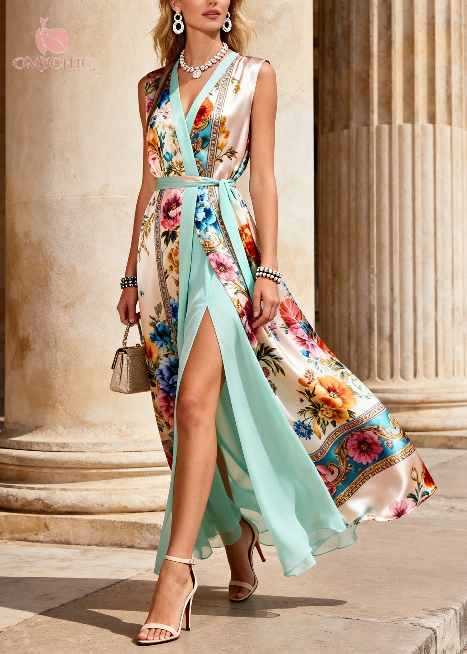 DIY Beige Tie Waist Print Chiffon Fake Two Piece Dresses Sleeveless