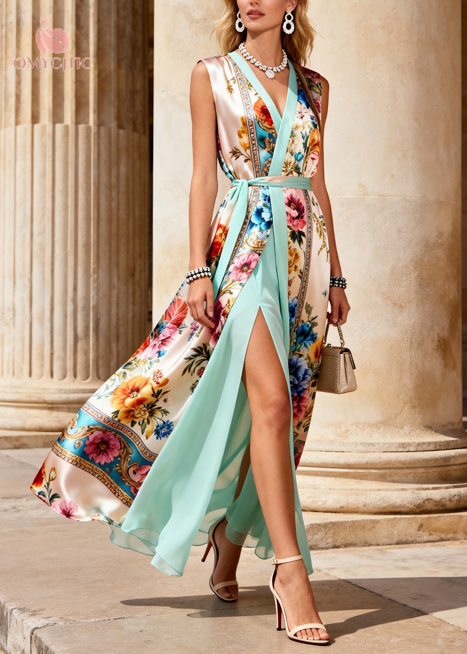 Floral Scrollwork Print Faux Two Piece Wrap V-Neck Tie Waist High Split Maxi Dress