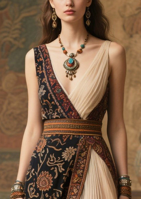 Ethnic Print Patchwork Deep V-Neck Pleated Chiffon Panel Asymmetric Maxi Gown