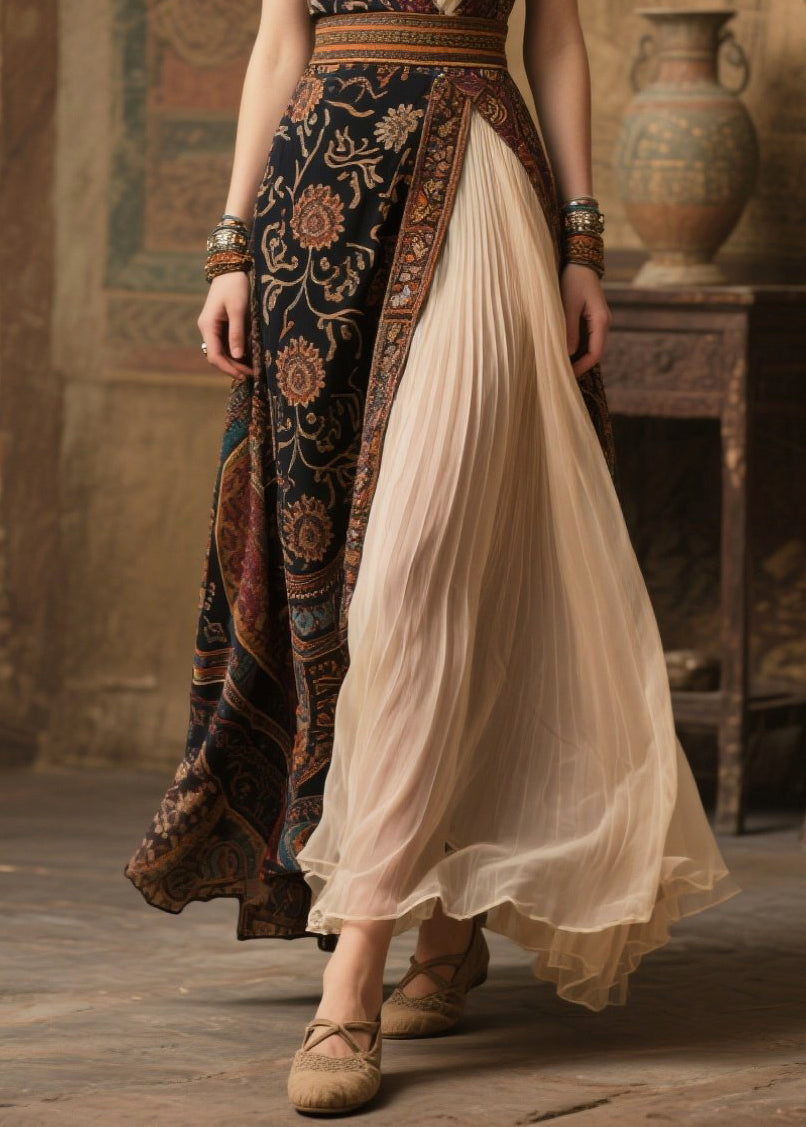 Ethnic Print Patchwork Deep V-Neck Pleated Chiffon Panel Asymmetric Maxi Gown