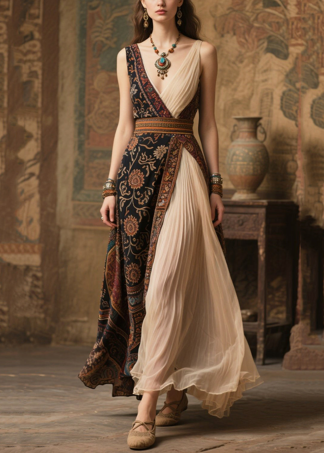 Ethnic Print Patchwork Deep V-Neck Pleated Chiffon Panel Asymmetric Maxi Gown