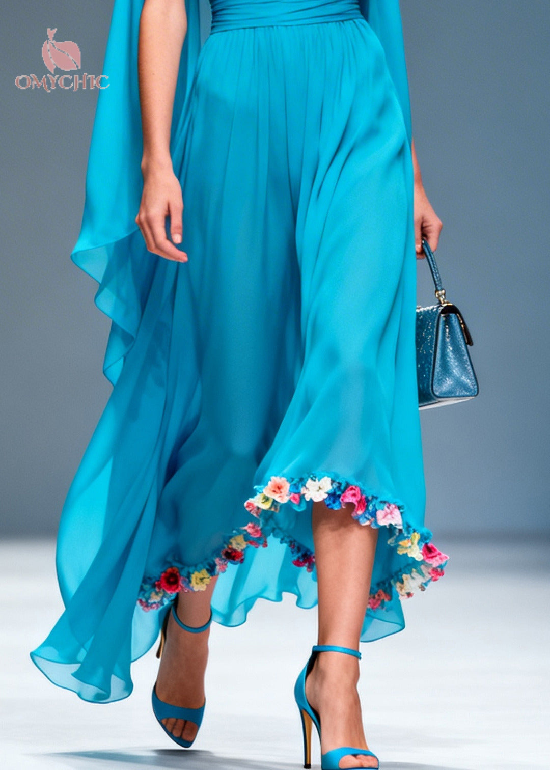 Chiffon Cowl Neck Ruched Waist Wide Leg Cape Floral Trim Maxi Jumpsuit