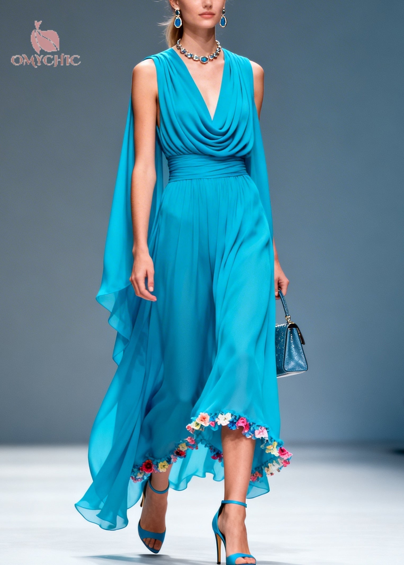 Chiffon Cowl Neck Ruched Waist Wide Leg Cape Floral Trim Maxi Jumpsuit