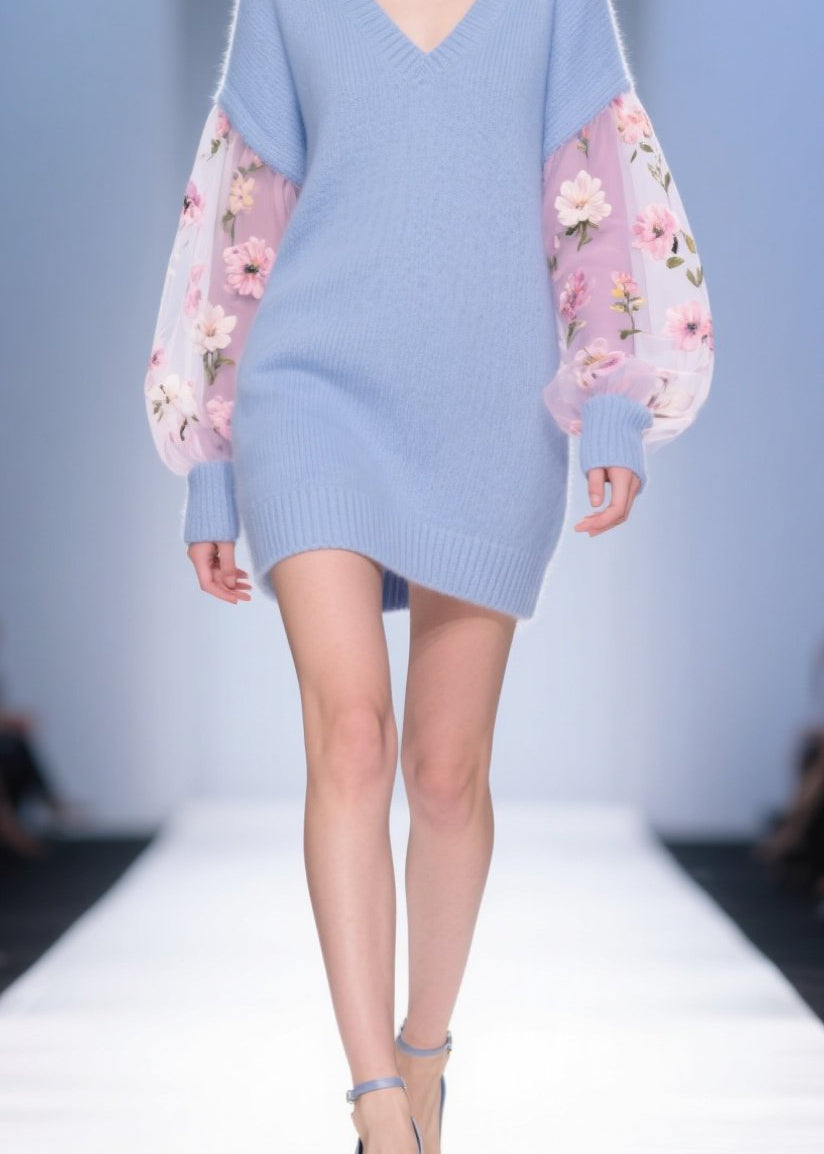 Tulle Floral Balloon Sleeve V-Neck Knit Patchwork Mini Dress