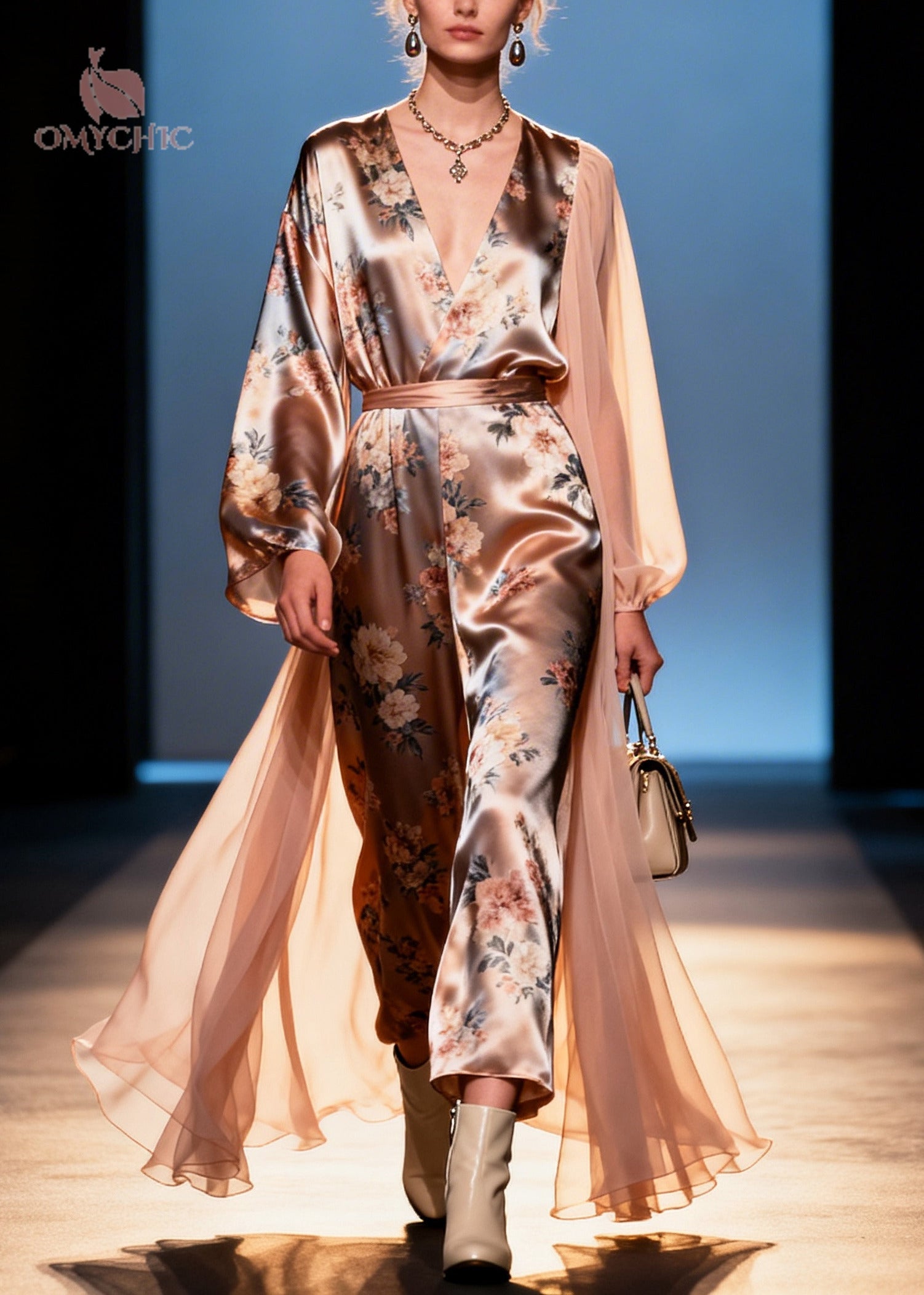 Floral Print Wrap Deep V-Neck Bishop Sleeve Wide Leg Cape Jumpsuit