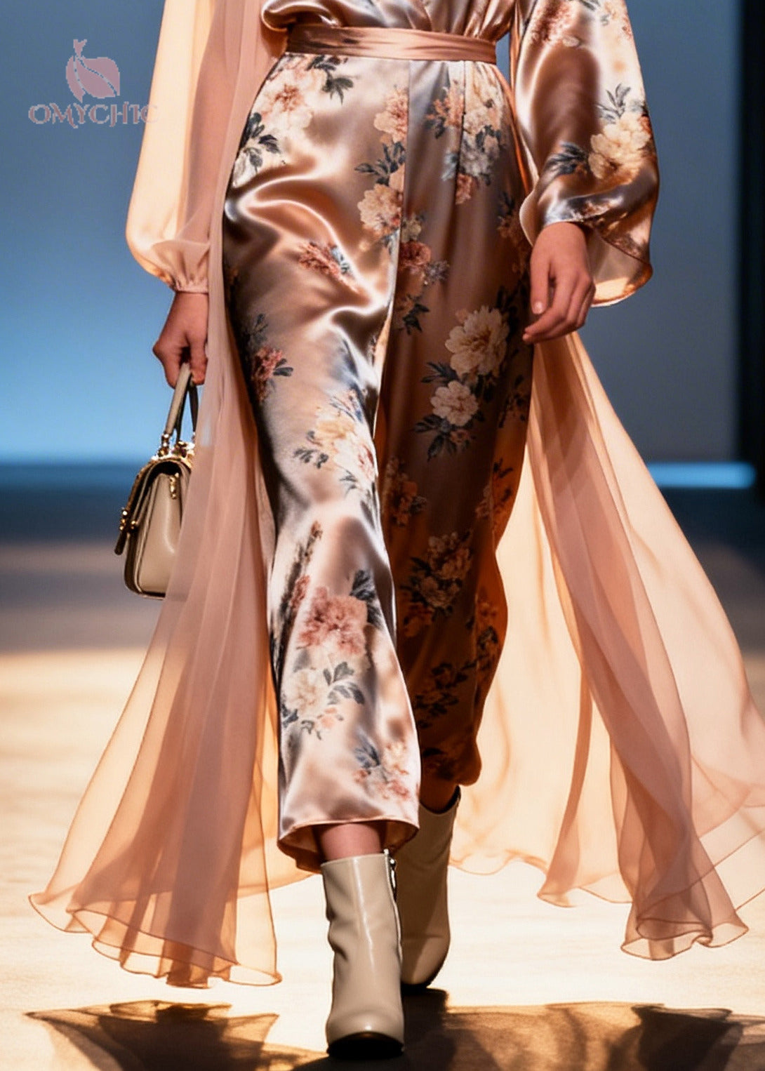Floral Print Wrap Deep V-Neck Bishop Sleeve Wide Leg Cape Jumpsuit