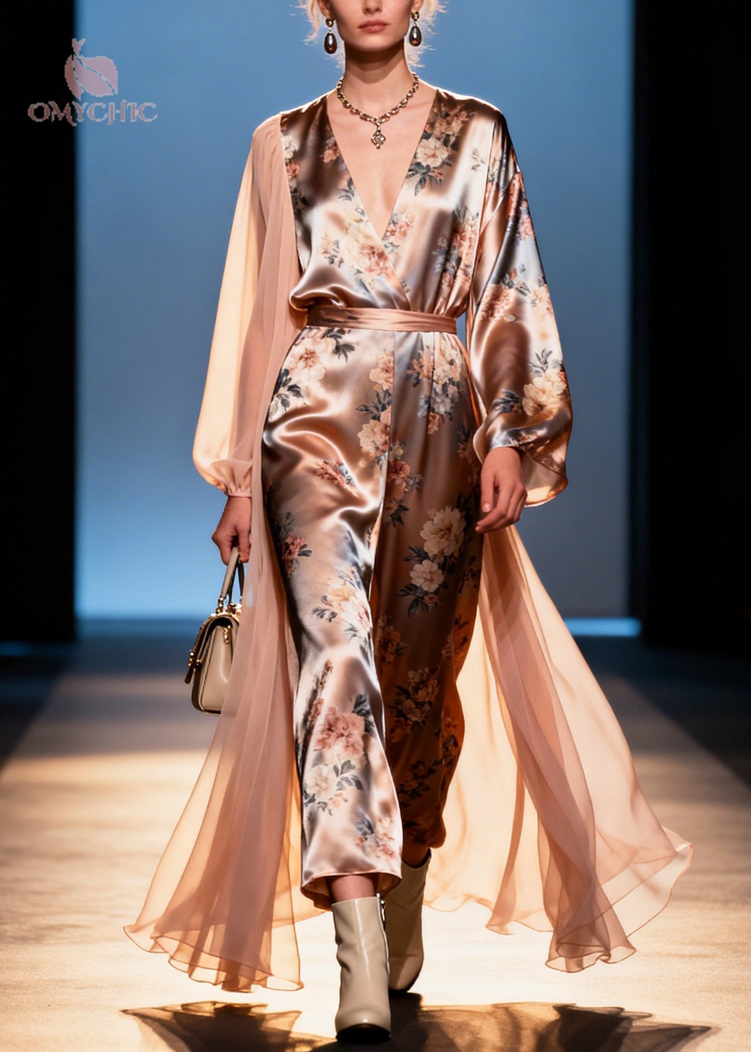 Floral Print Wrap Deep V-Neck Bishop Sleeve Wide Leg Cape Jumpsuit