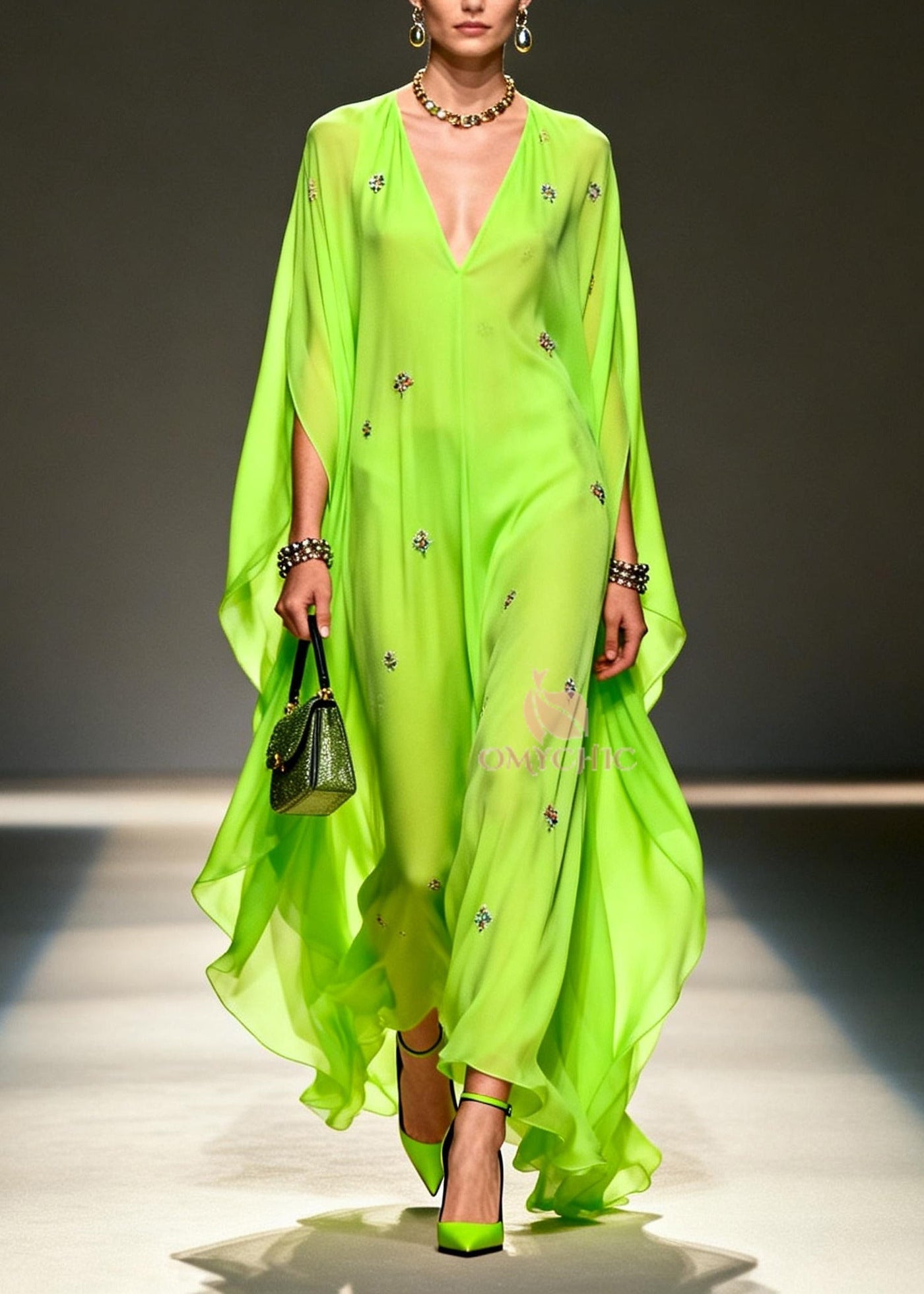 DIY Fluorescent Green Embroidered Chiffon Maxi Dresses Batwing Sleeve 5