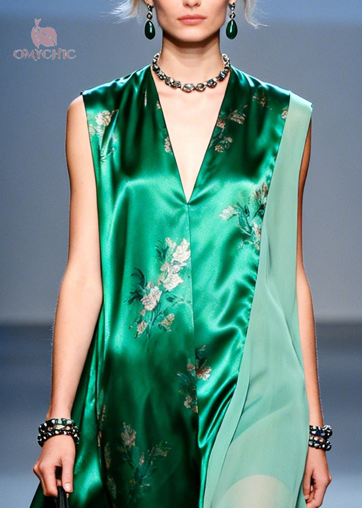 Floral Deep V-Neck Sleeveless Satin Chiffon Drape Maxi Dress