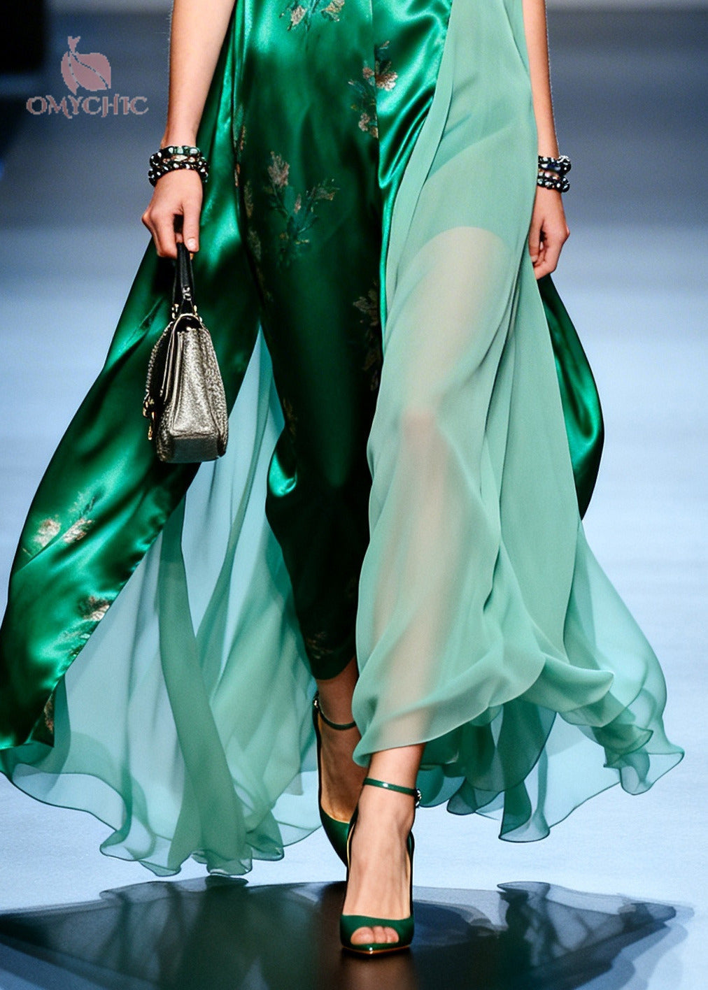 Floral Deep V-Neck Sleeveless Satin Chiffon Drape Maxi Dress
