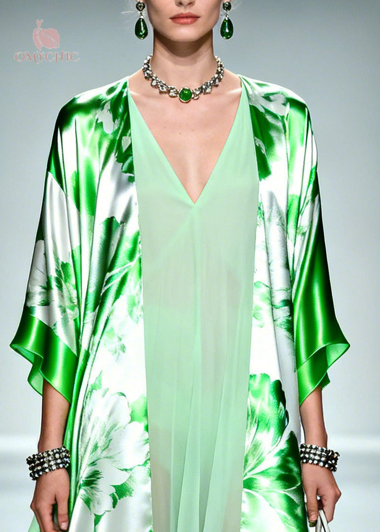 Faux Two-Piece Floral Print Open Front Kimono Sleeve Chiffon Maxi Dress