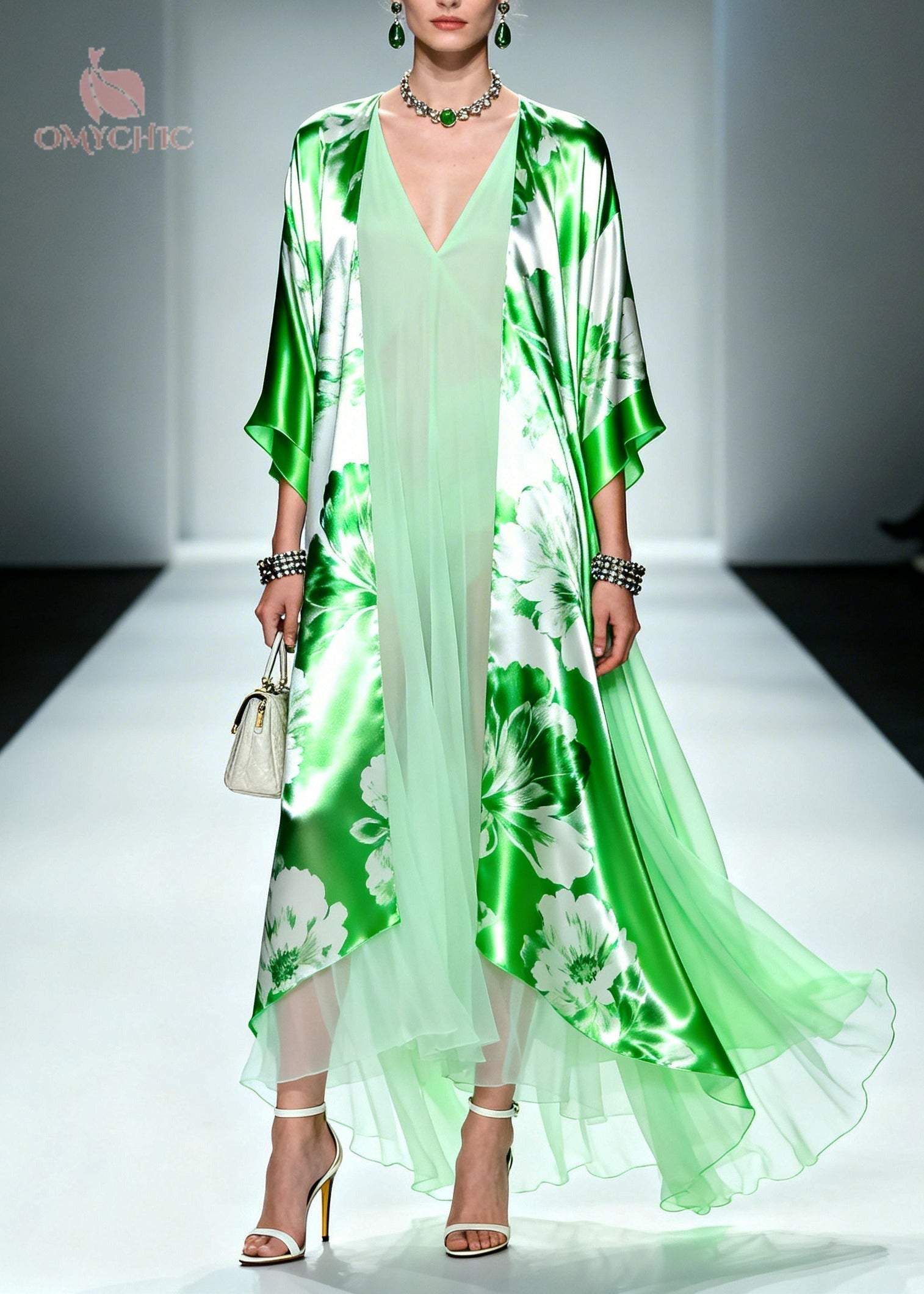 Faux Two-Piece Floral Print Open Front Kimono Sleeve Chiffon Maxi Dress