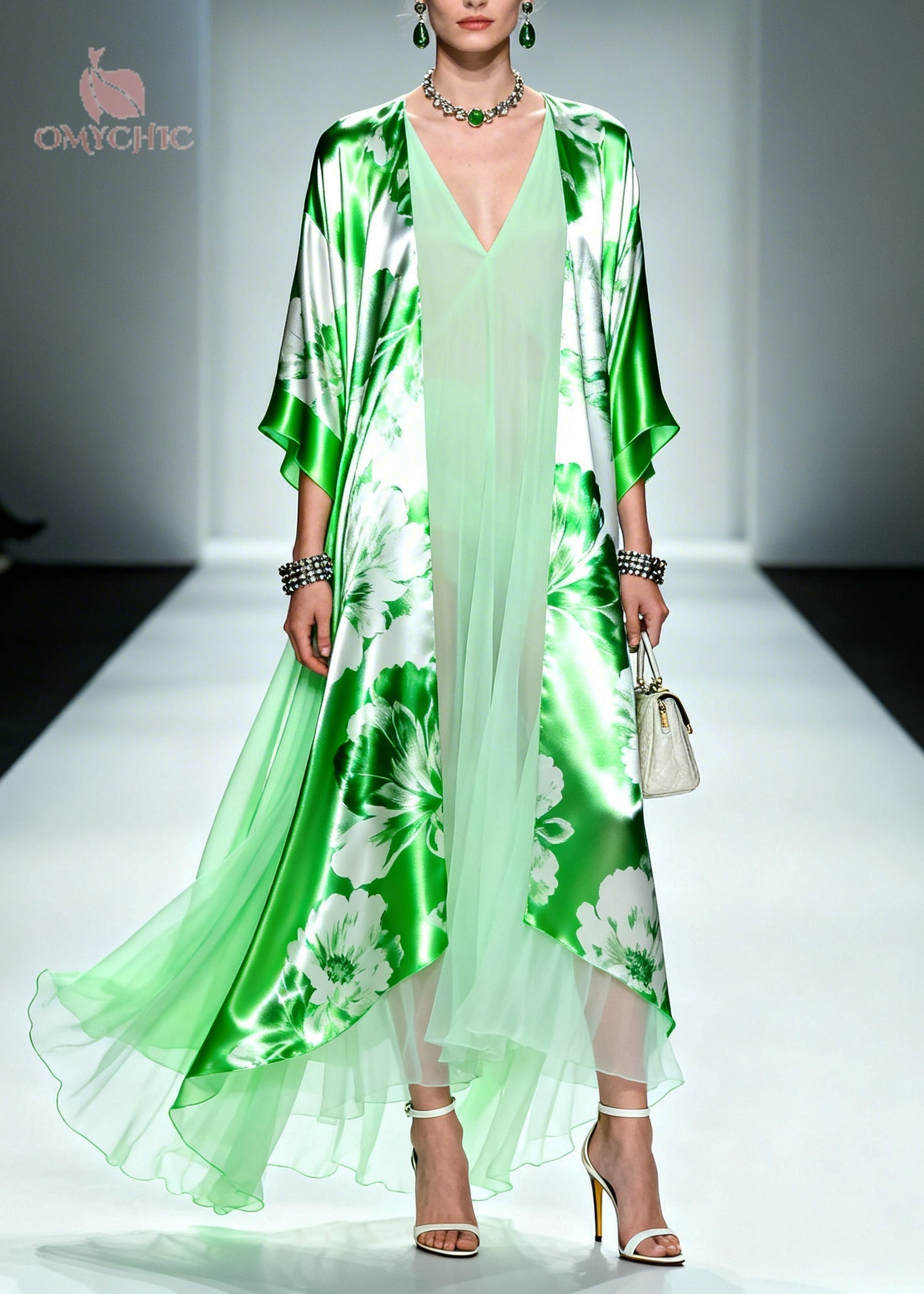 Faux Two-Piece Floral Print Open Front Kimono Sleeve Chiffon Maxi Dress