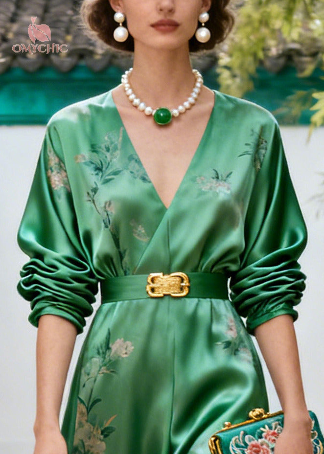 Floral Print V-Neck Wrap Long Sleeve Belted Wide Leg Jumpsuit