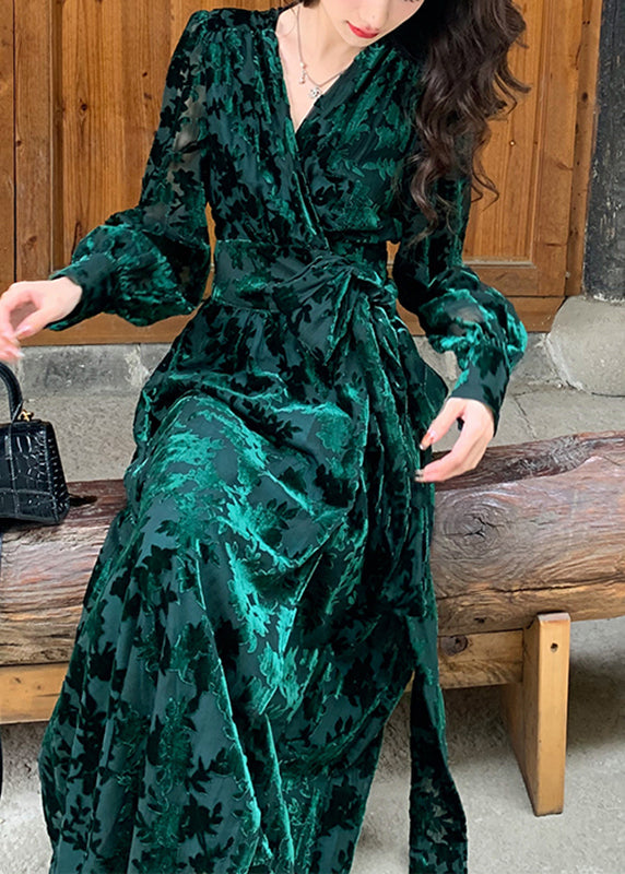 Velvet Burnout Floral Deep V-Neck Wrap Tie Waist Button Cuff Long Sleeve Maxi Gown