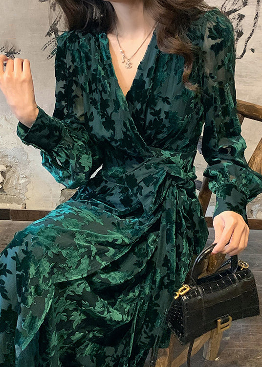 Velvet Burnout Floral Deep V-Neck Wrap Tie Waist Button Cuff Long Sleeve Maxi Gown