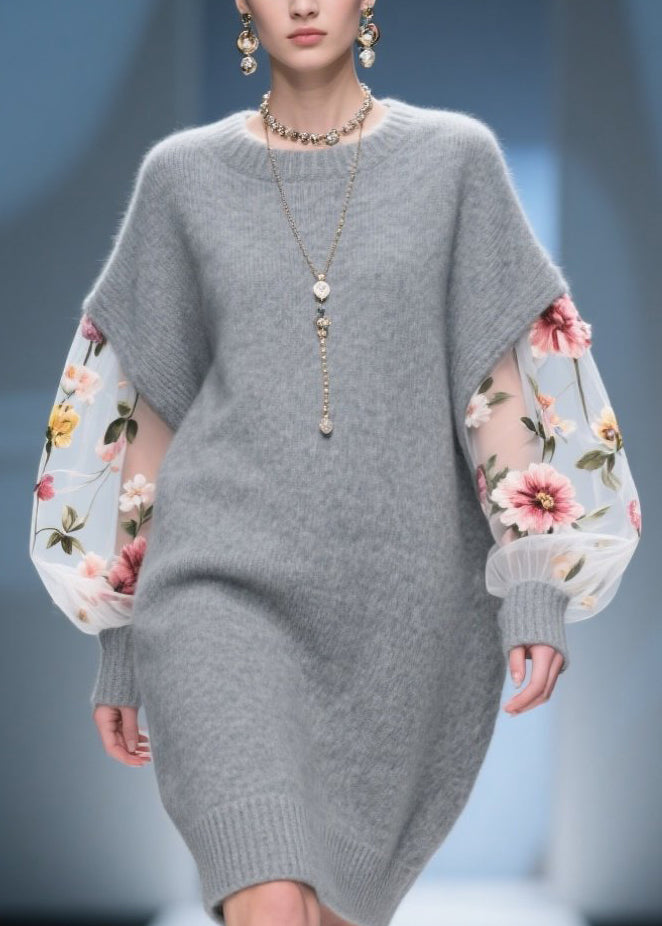 Knit Cap Shoulder Tulle Floral Embroidered Puff Sleeve Mini Dress