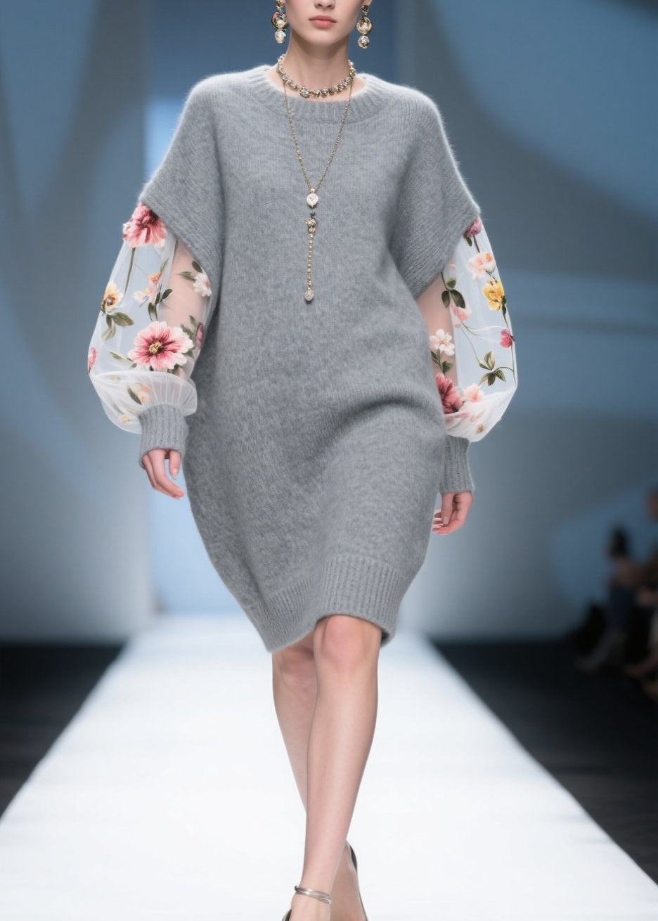 Knit Cap Shoulder Tulle Floral Embroidered Puff Sleeve Mini Dress