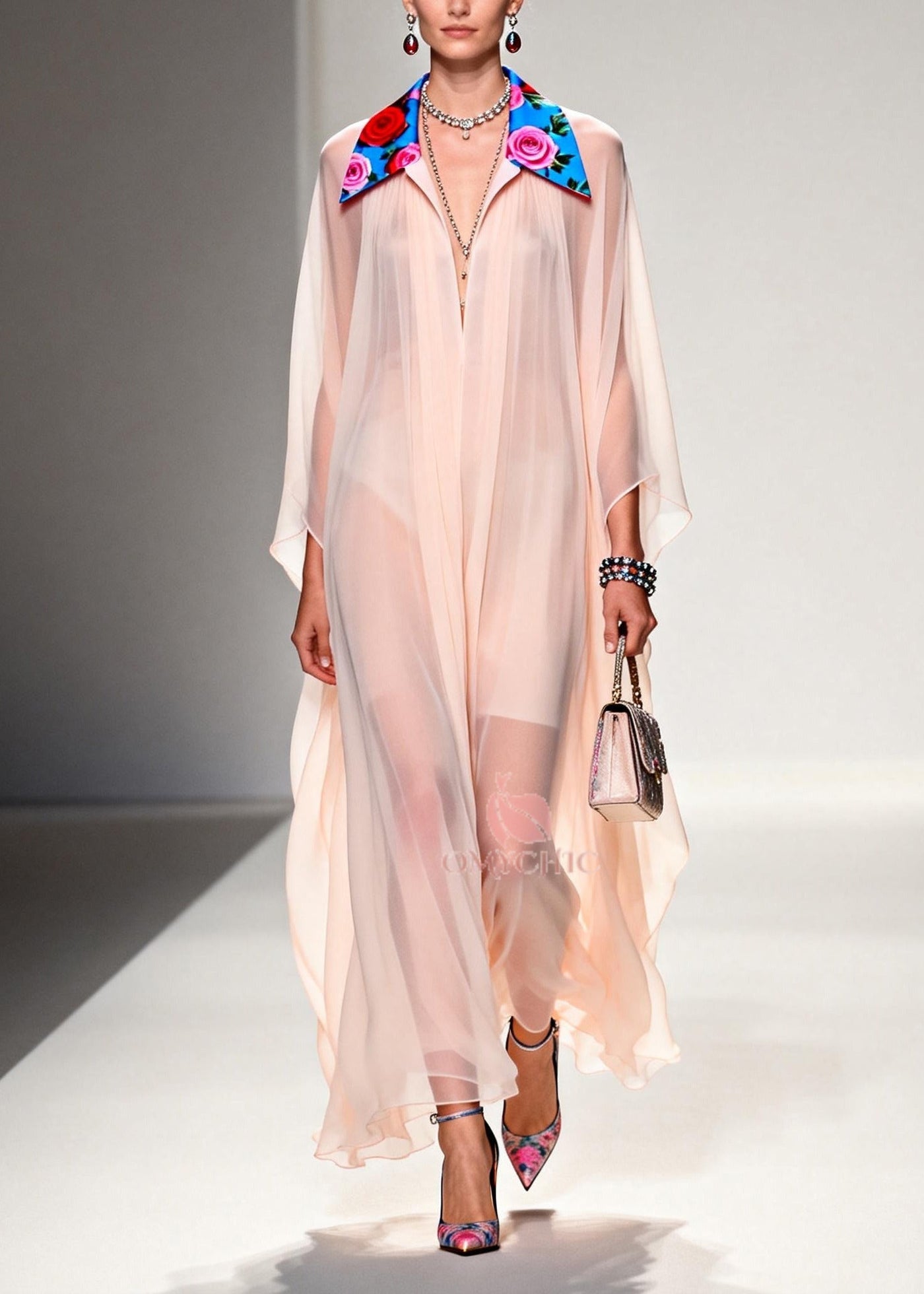 DIY Nude Peter Pan Collar Patchwork Chiffon Maxi Dress Summer 3