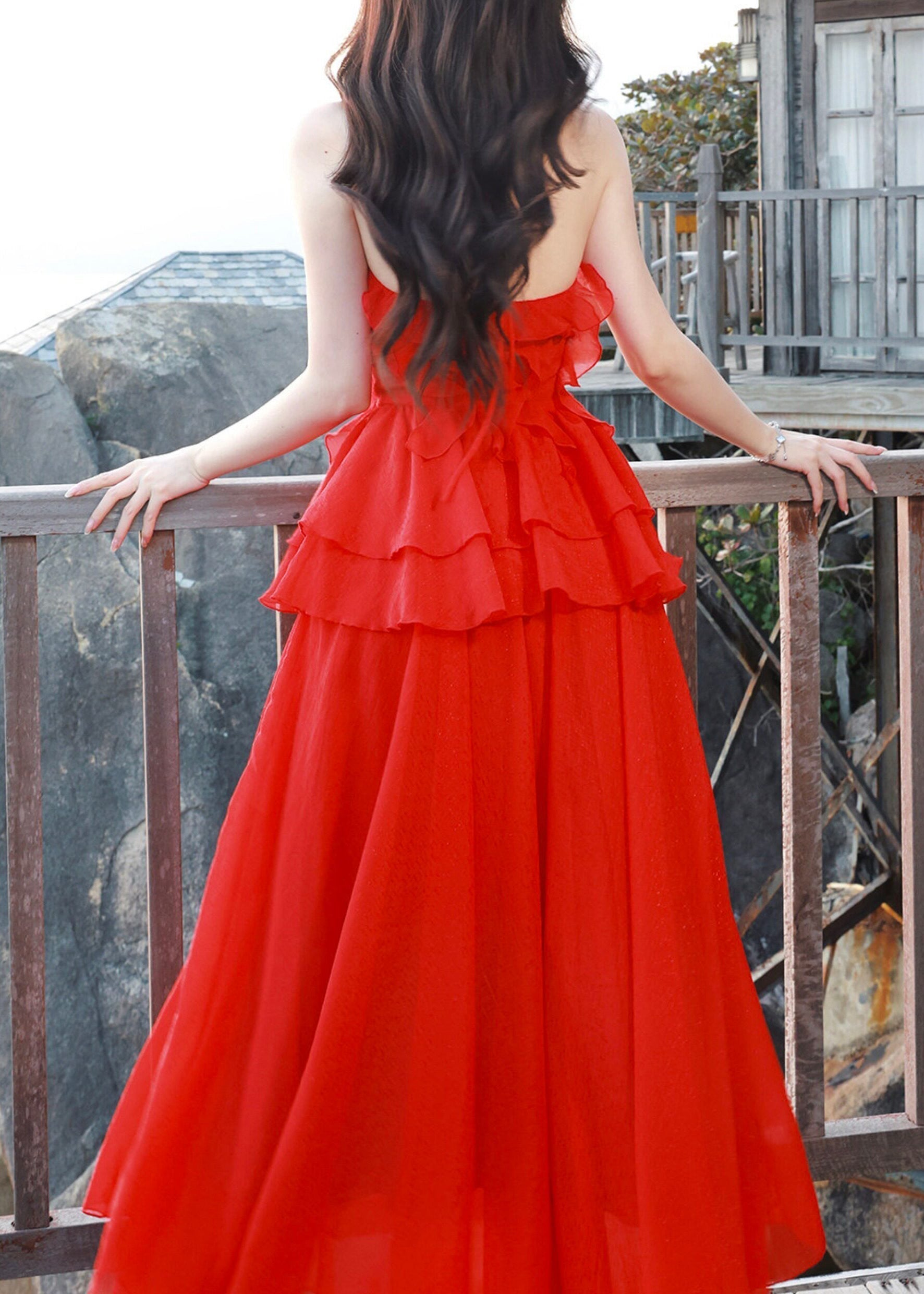 Tulle Halter Neck Ruffle 3D Floral Tiered Fit and Flare Maxi Dress