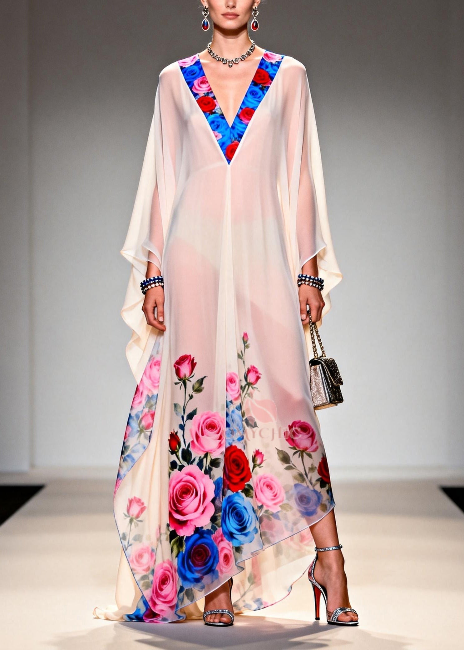 Sheer Chiffon Floral Trim V-Neck Kaftan Sleeve Rose Print Maxi Gown