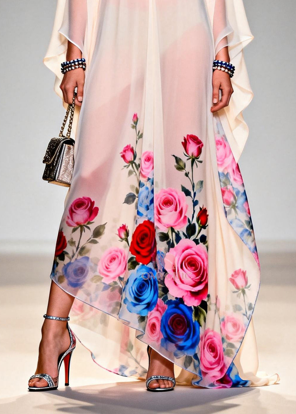 Sheer Chiffon Floral Trim V-Neck Kaftan Sleeve Rose Print Maxi Gown
