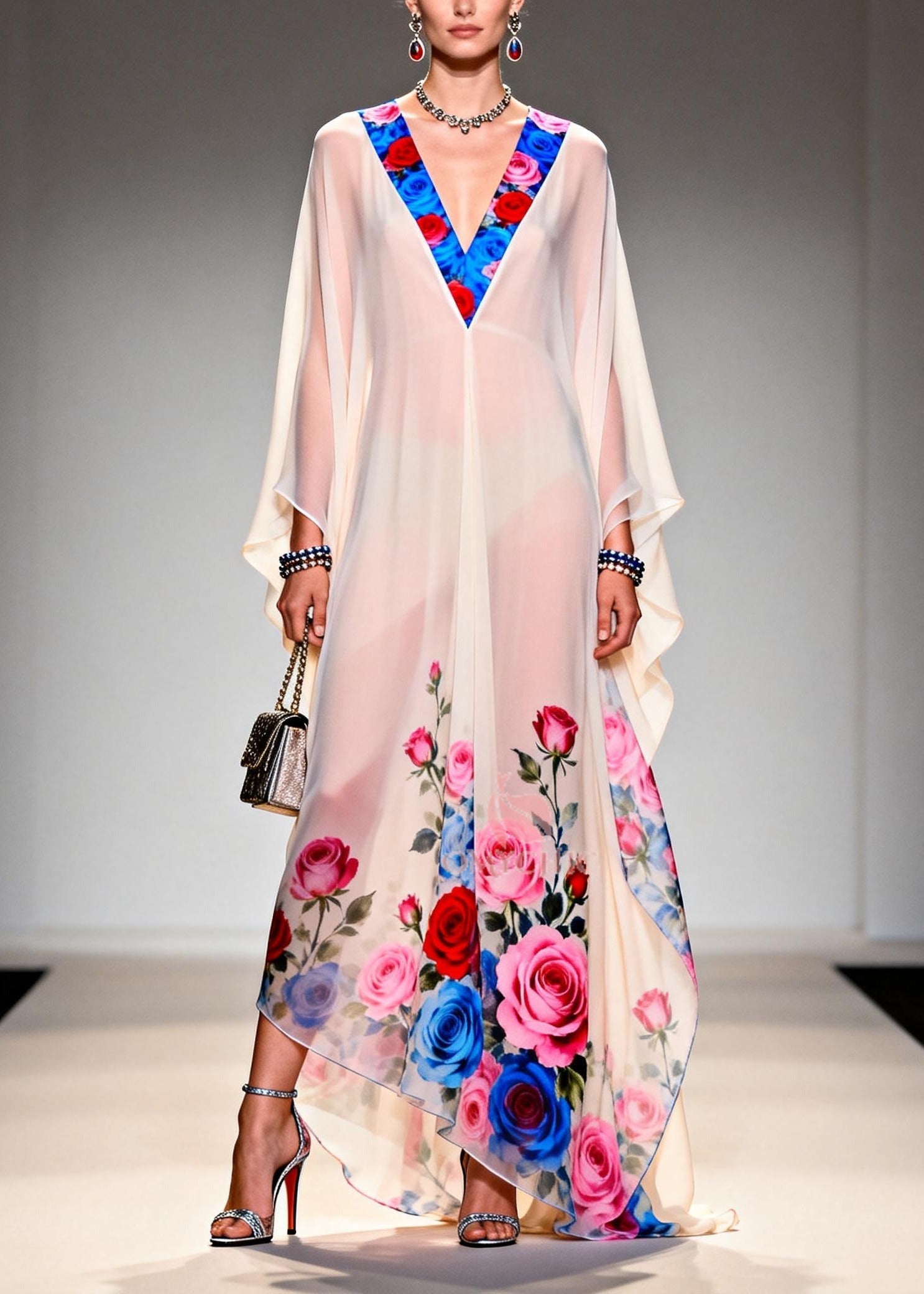 Sheer Chiffon Floral Trim V-Neck Kaftan Sleeve Rose Print Maxi Gown