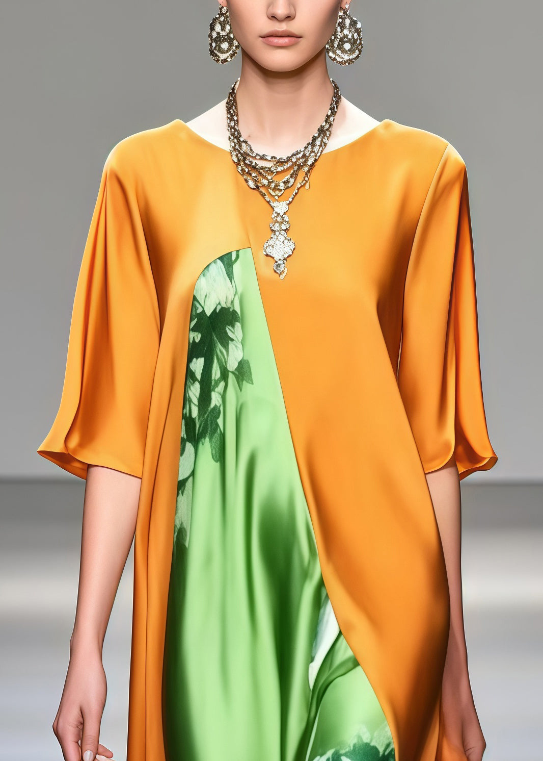 Floral Print High Neck Wide Sleeve Split Front Layered Maxi Gown