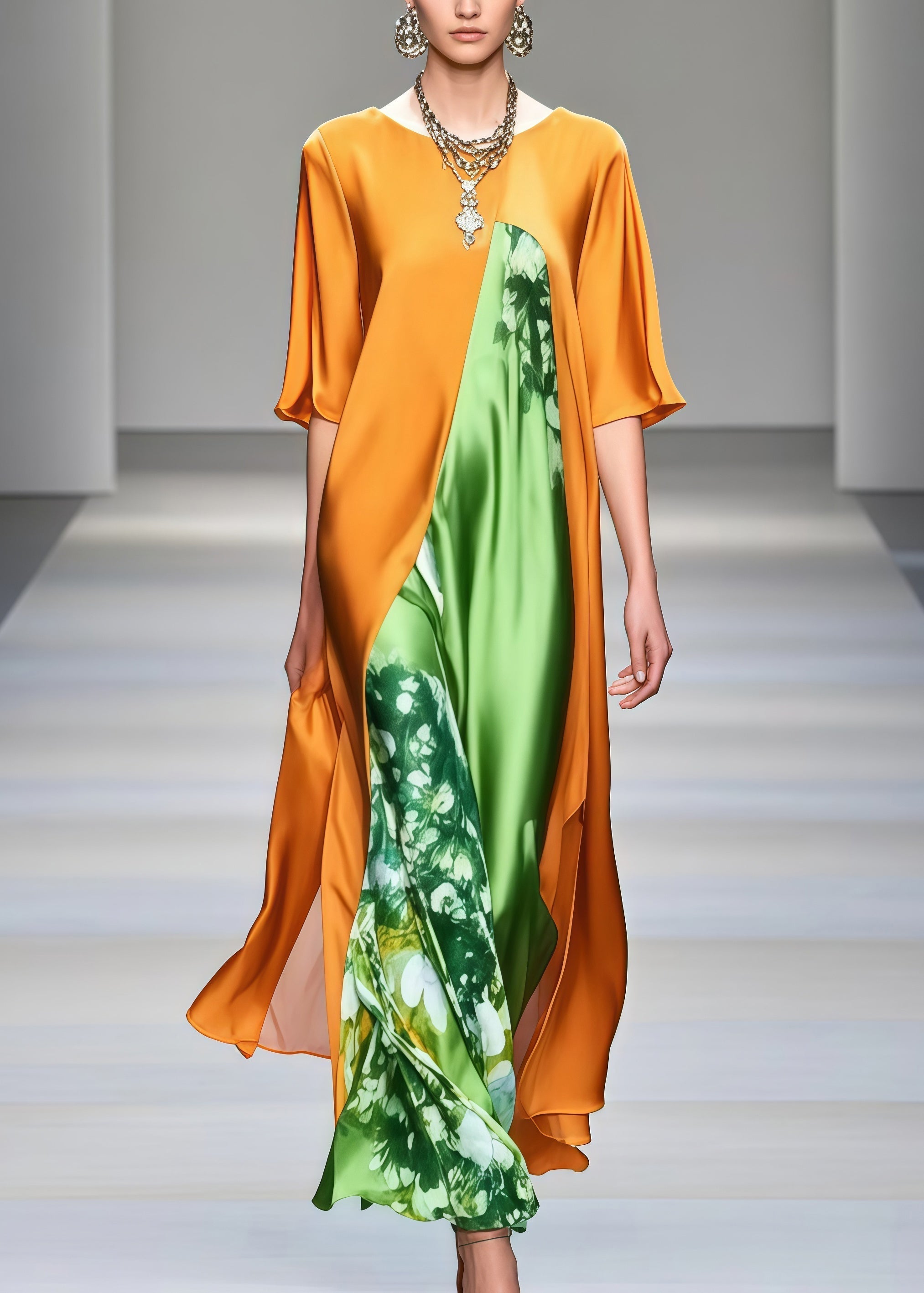 Floral Print High Neck Wide Sleeve Split Front Layered Maxi Gown