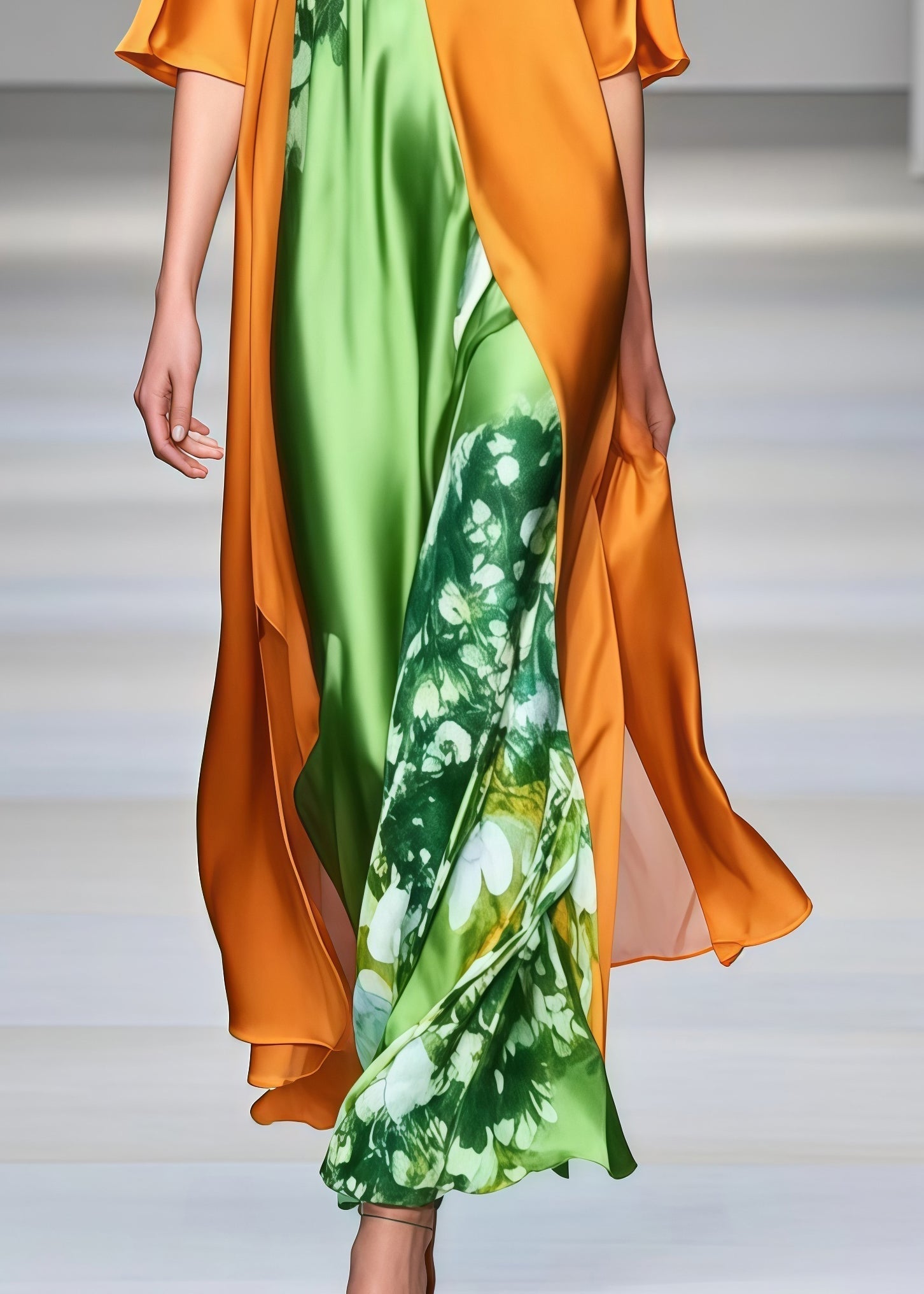 Floral Print High Neck Wide Sleeve Split Front Layered Maxi Gown