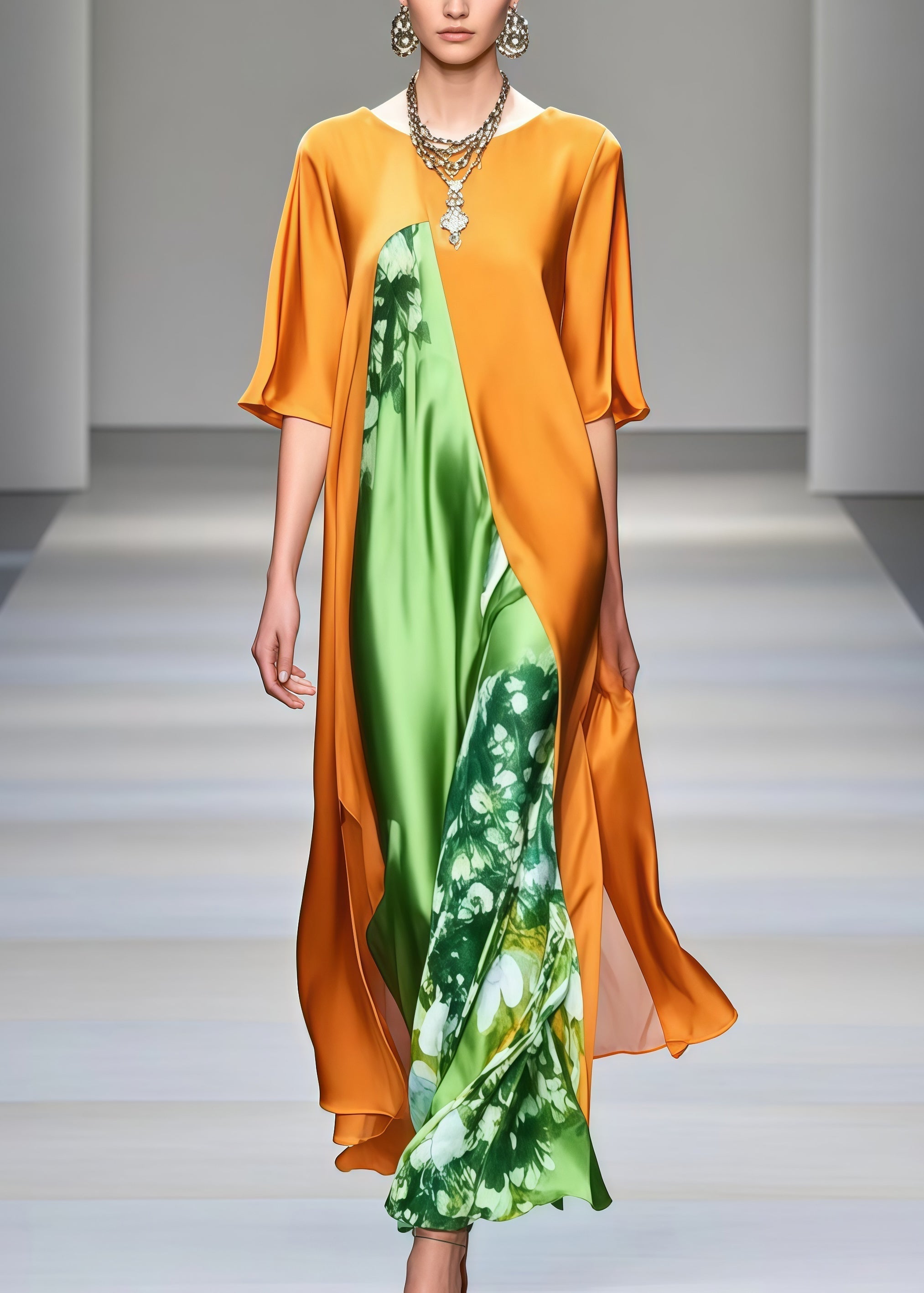 Floral Print High Neck Wide Sleeve Split Front Layered Maxi Gown
